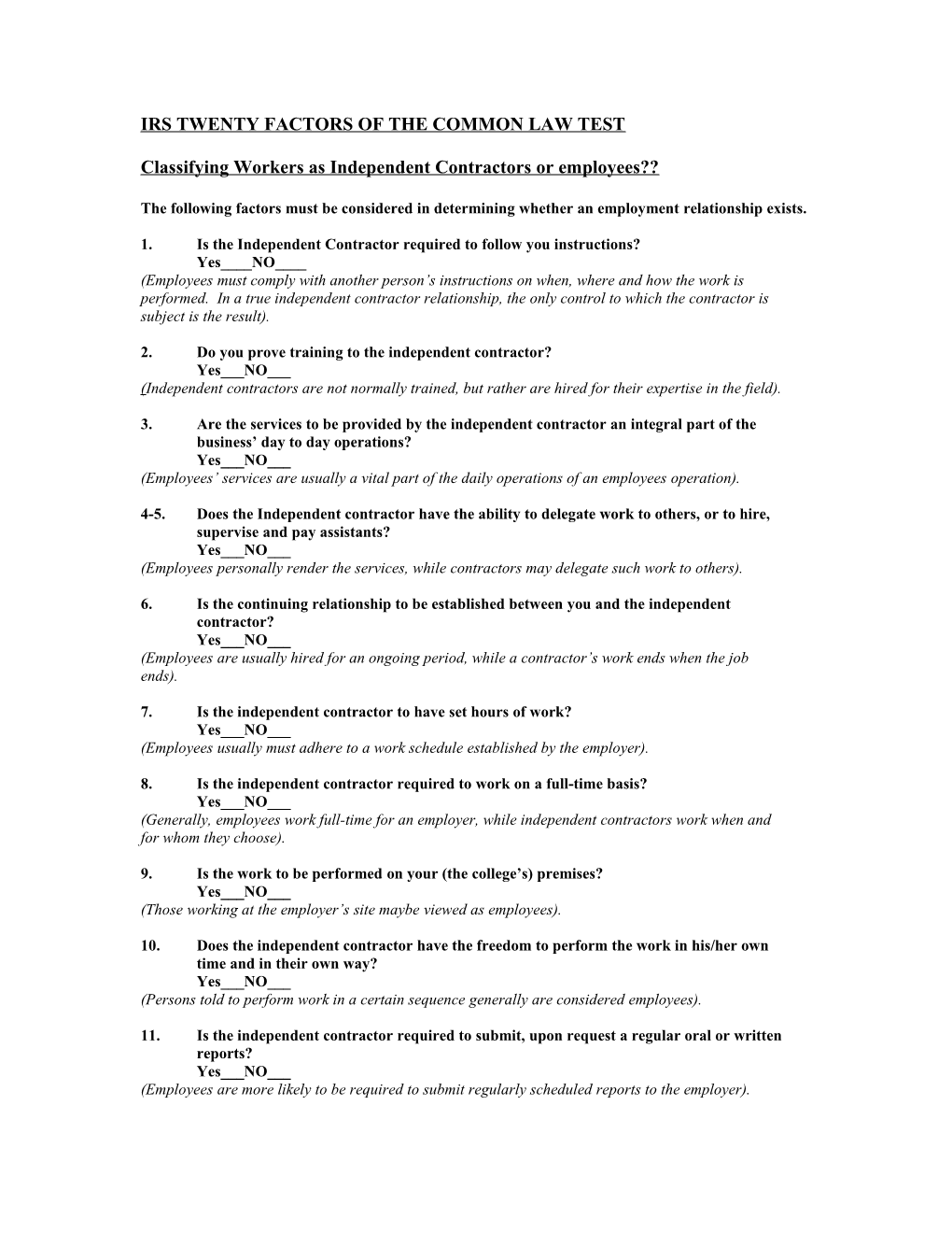 Irs Twenty Factors of the Common Law Test