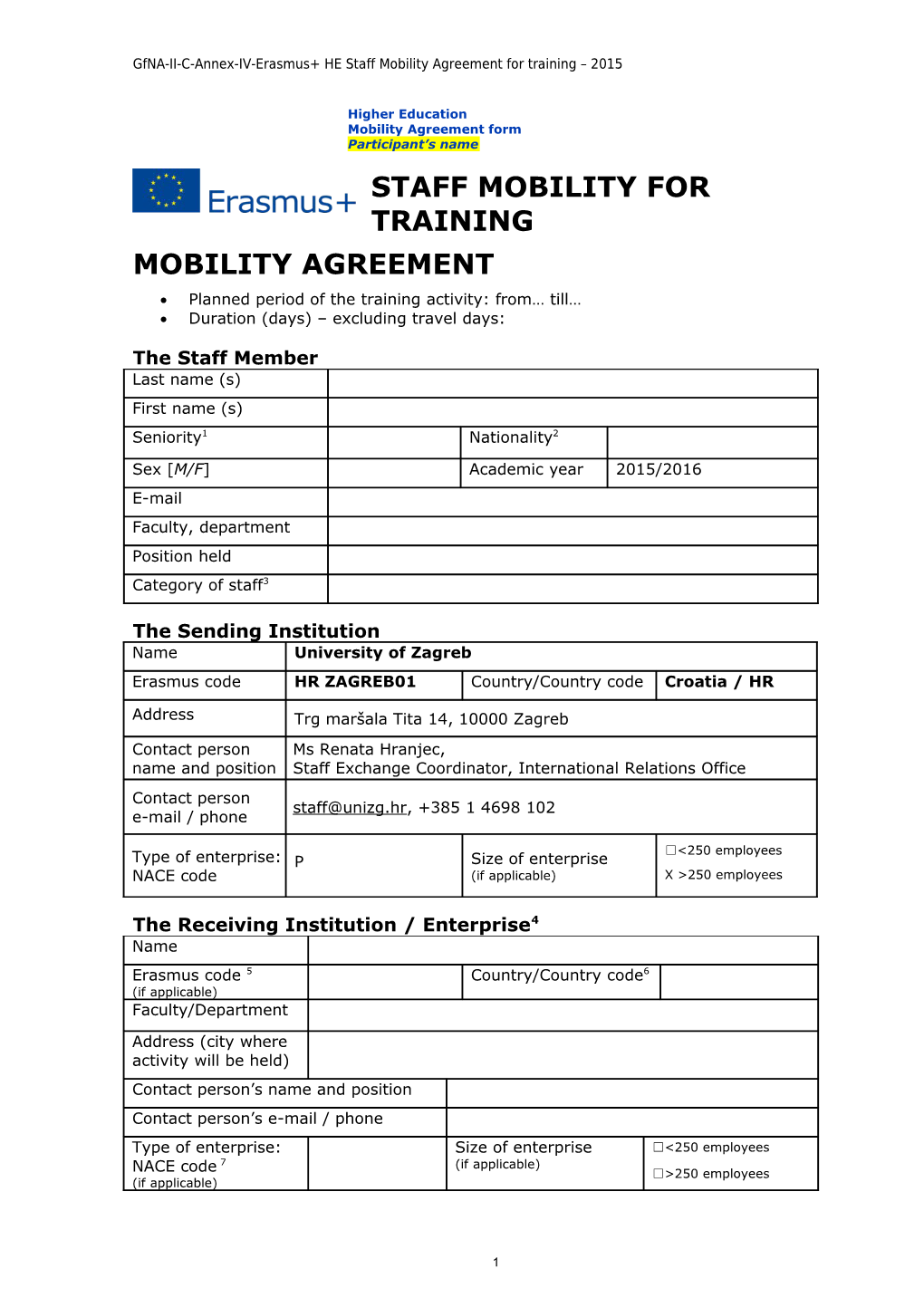 Gfna-II-C-Annex-IV-Erasmus+ HE Staff Mobility Agreement for Training 2015