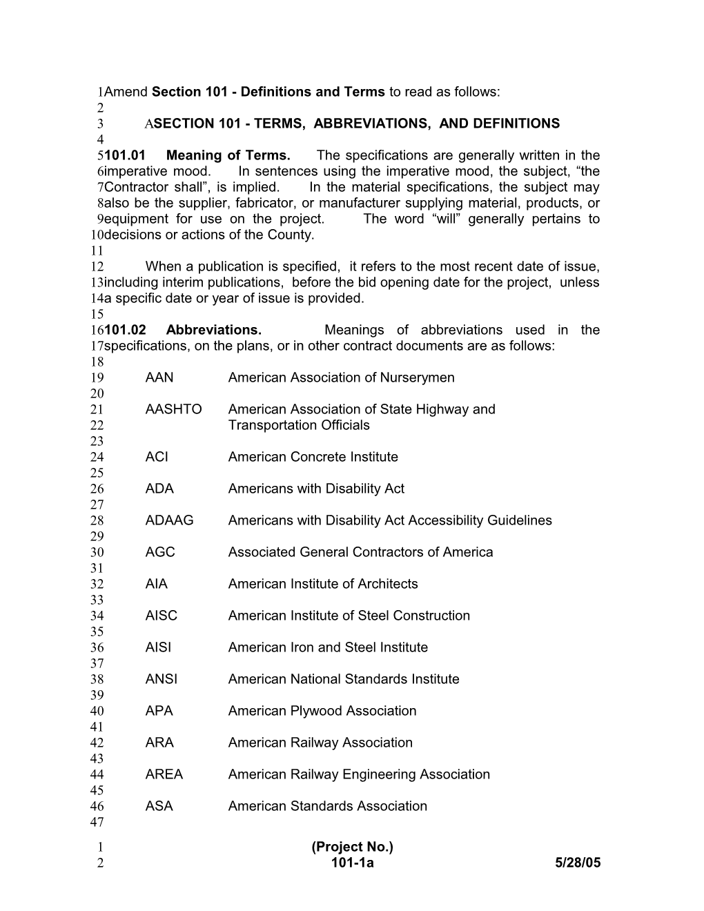 Amend Section 101 - Definitions and Terms to Read As Follows