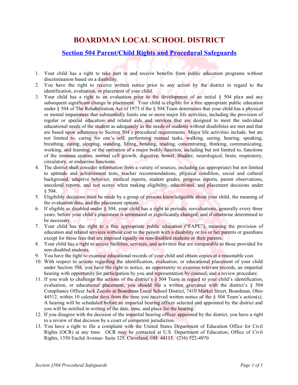 Section 504 Parent/Child Rights and Procedural Safeguards