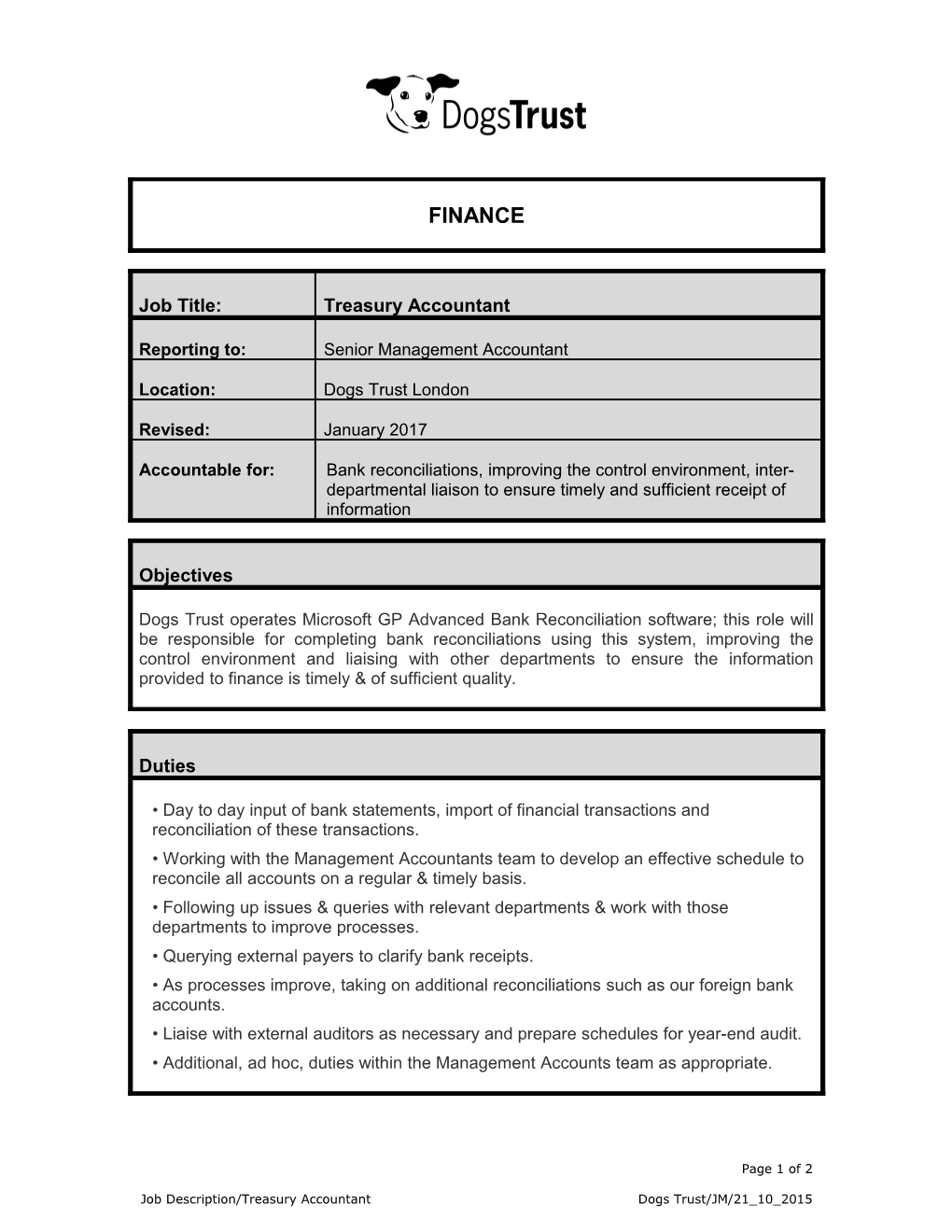 Job Description/Treasury Accountantdogs Trust/JM/21 10 2015