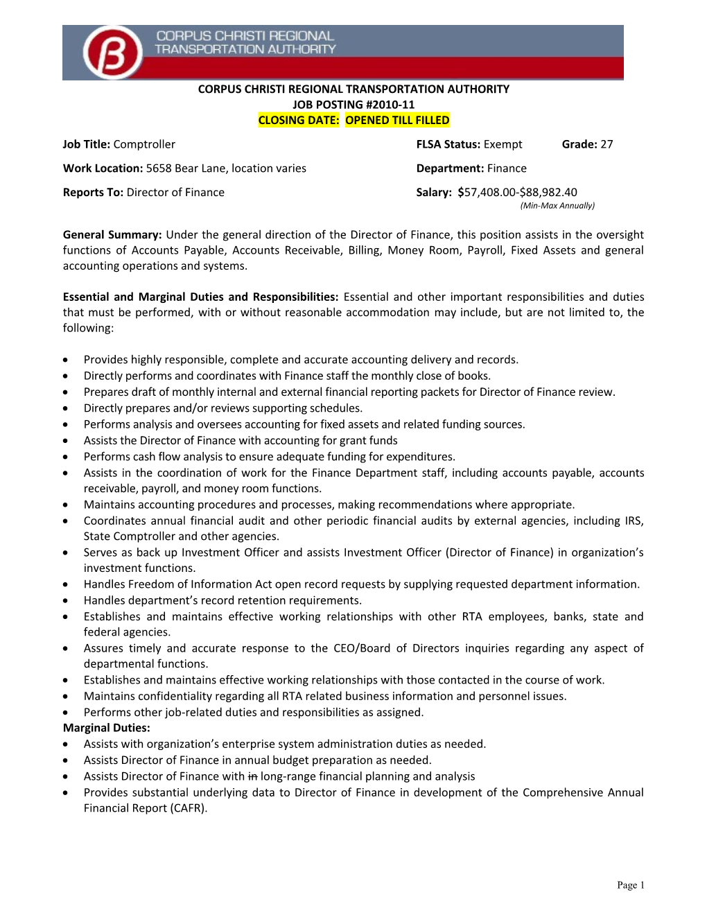 Regional Transportation Authority Job Description