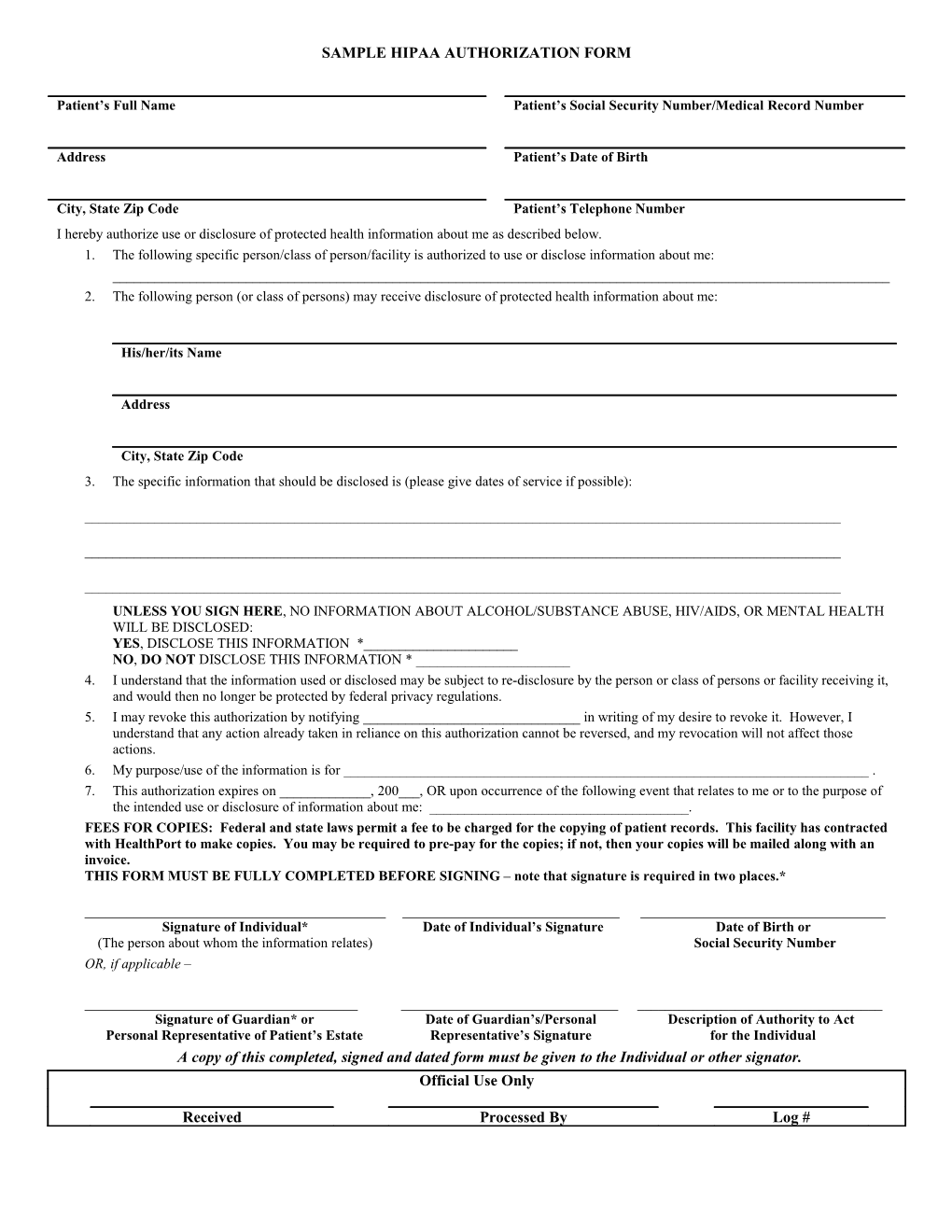 Sample HIPAA Authorization Form