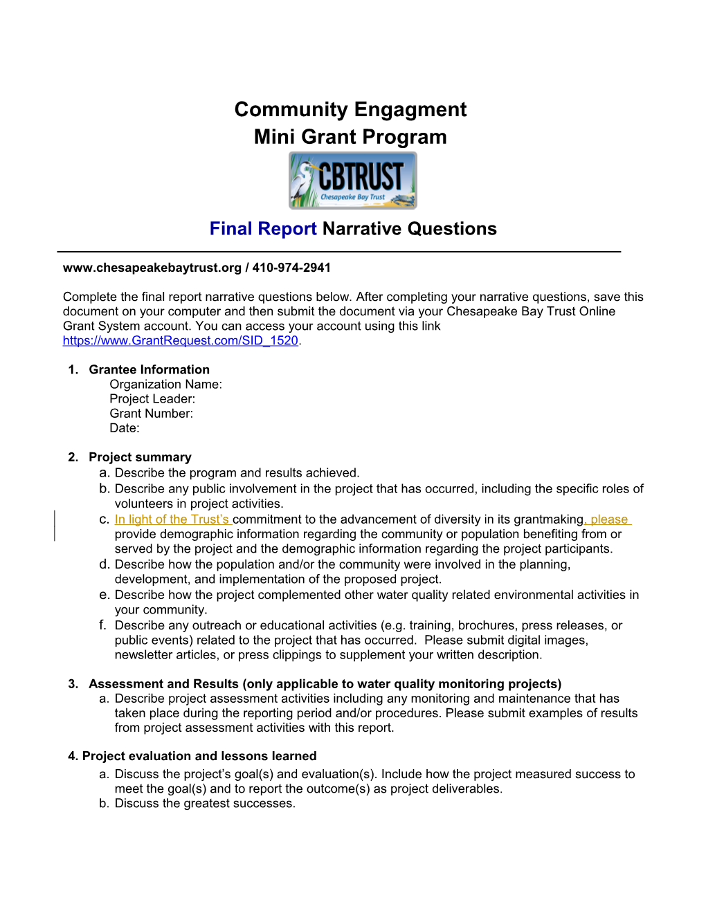 Mini Grant Program Final Report Form Page 1