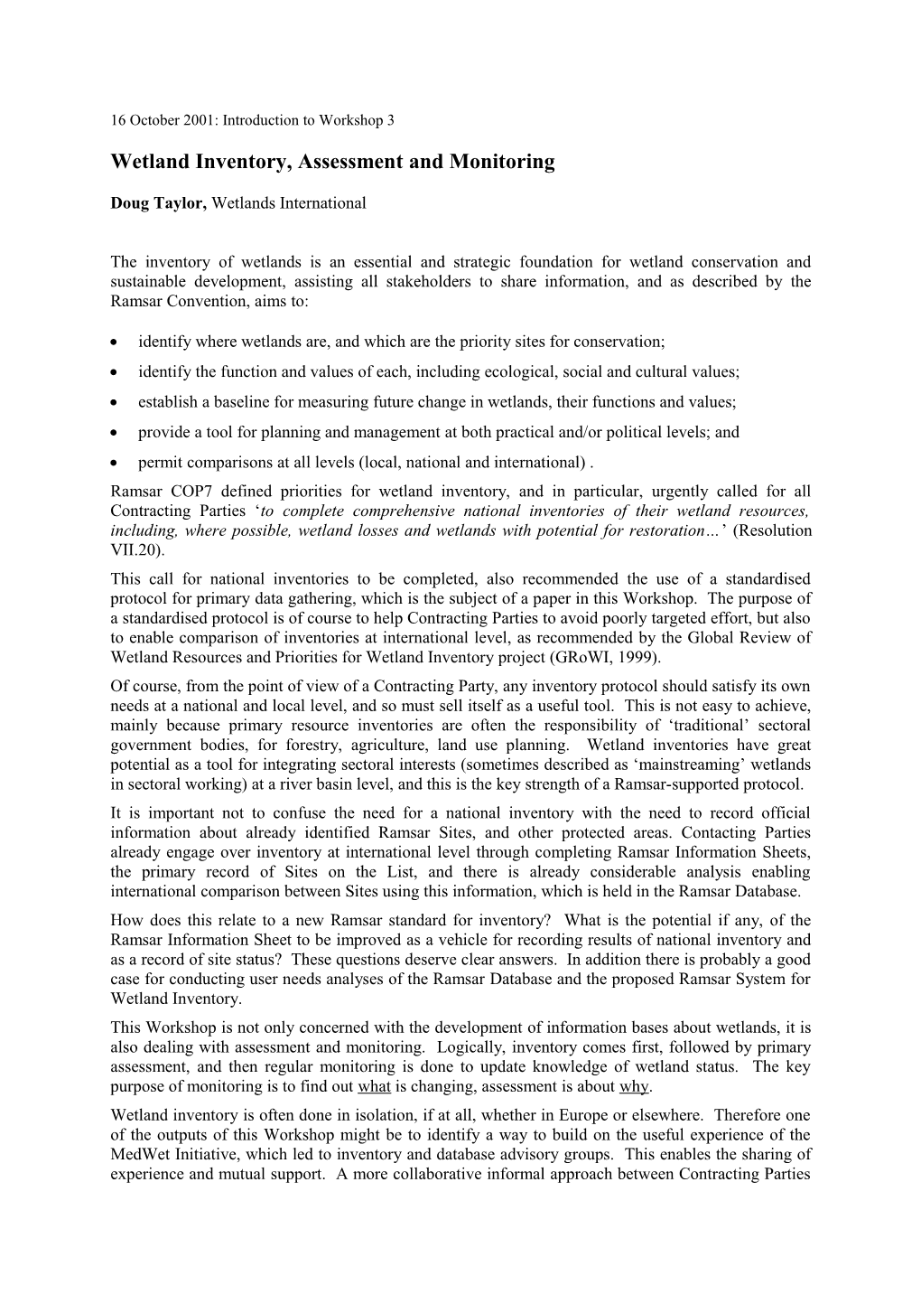 Wetland Inventory and Monitoring - Strategic Approaches to Decision Making