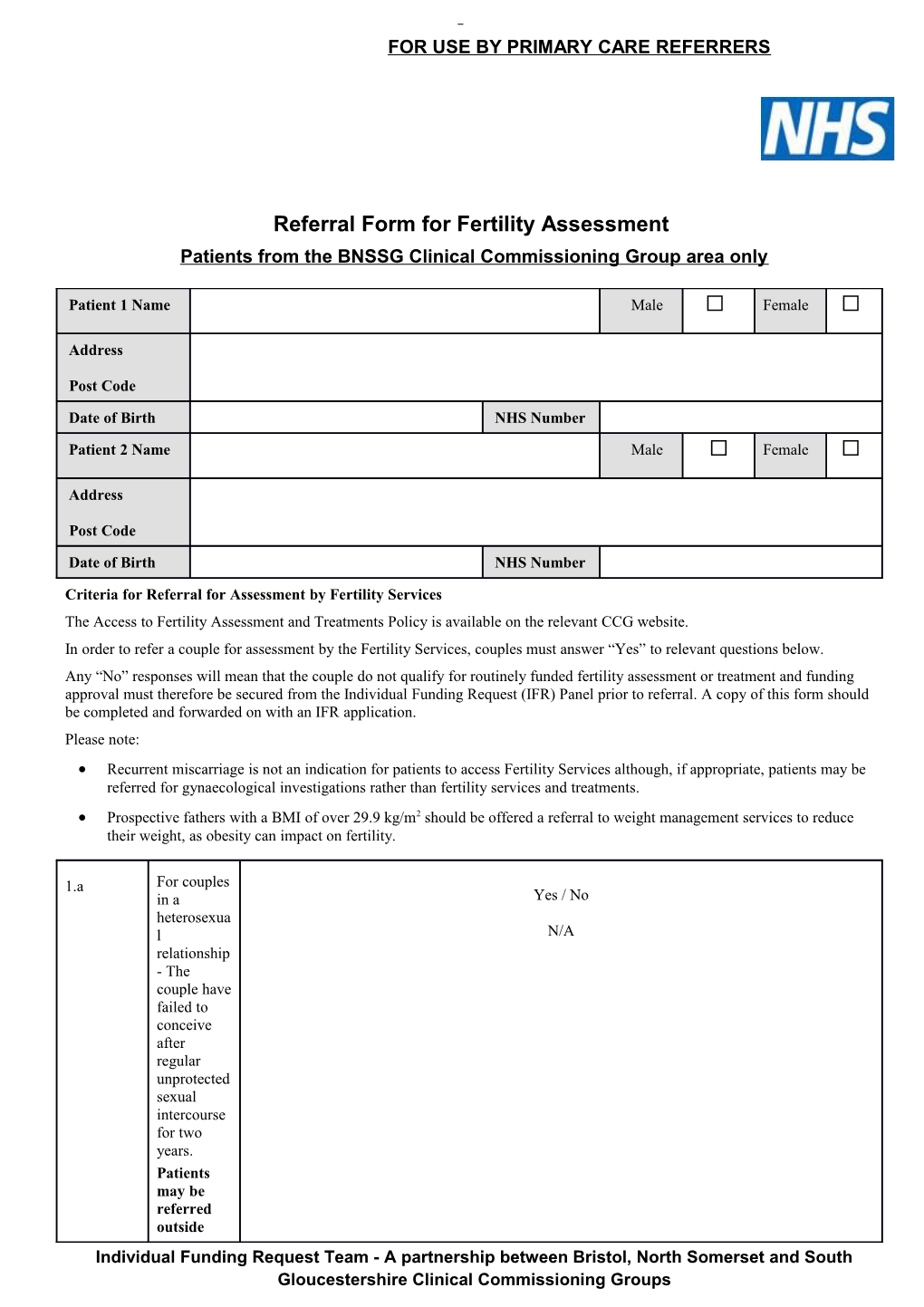 Referral Form for Fertility Assessment