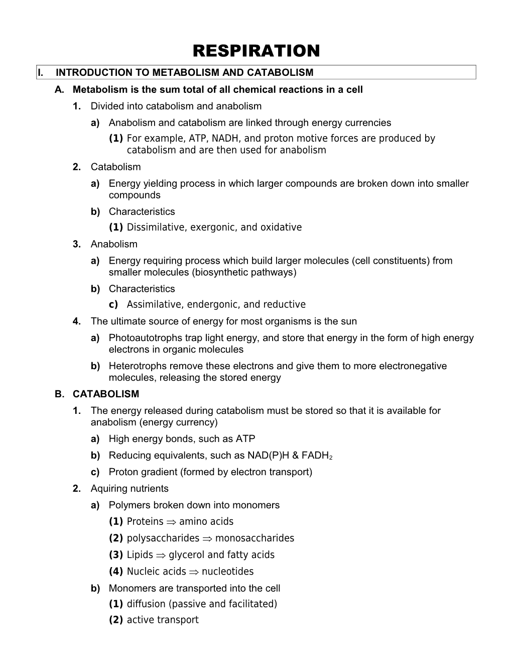 I. Introduction to Metabolism and Catabolism