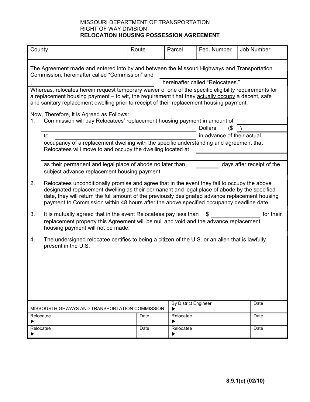 Relocation Housing Possession Agreement Form 236.8.9.1.C