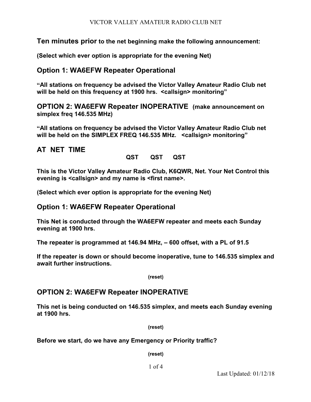 Victor Valley Amateur Radio Club Net