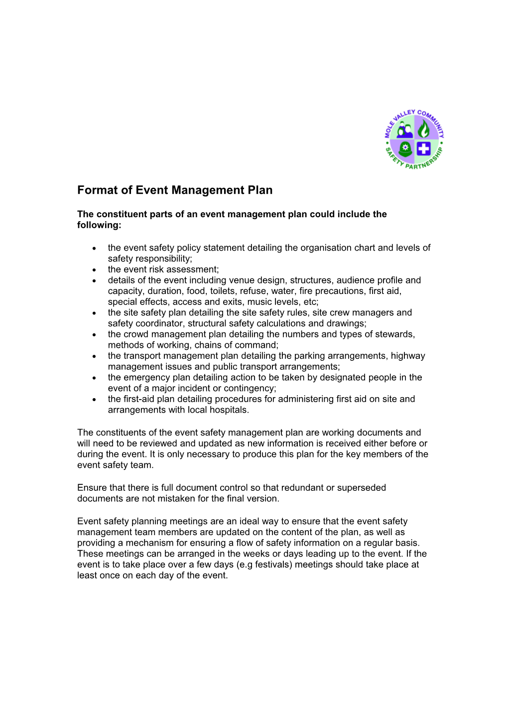 The Constituent Parts of an Event Management Plan Could Include the Following