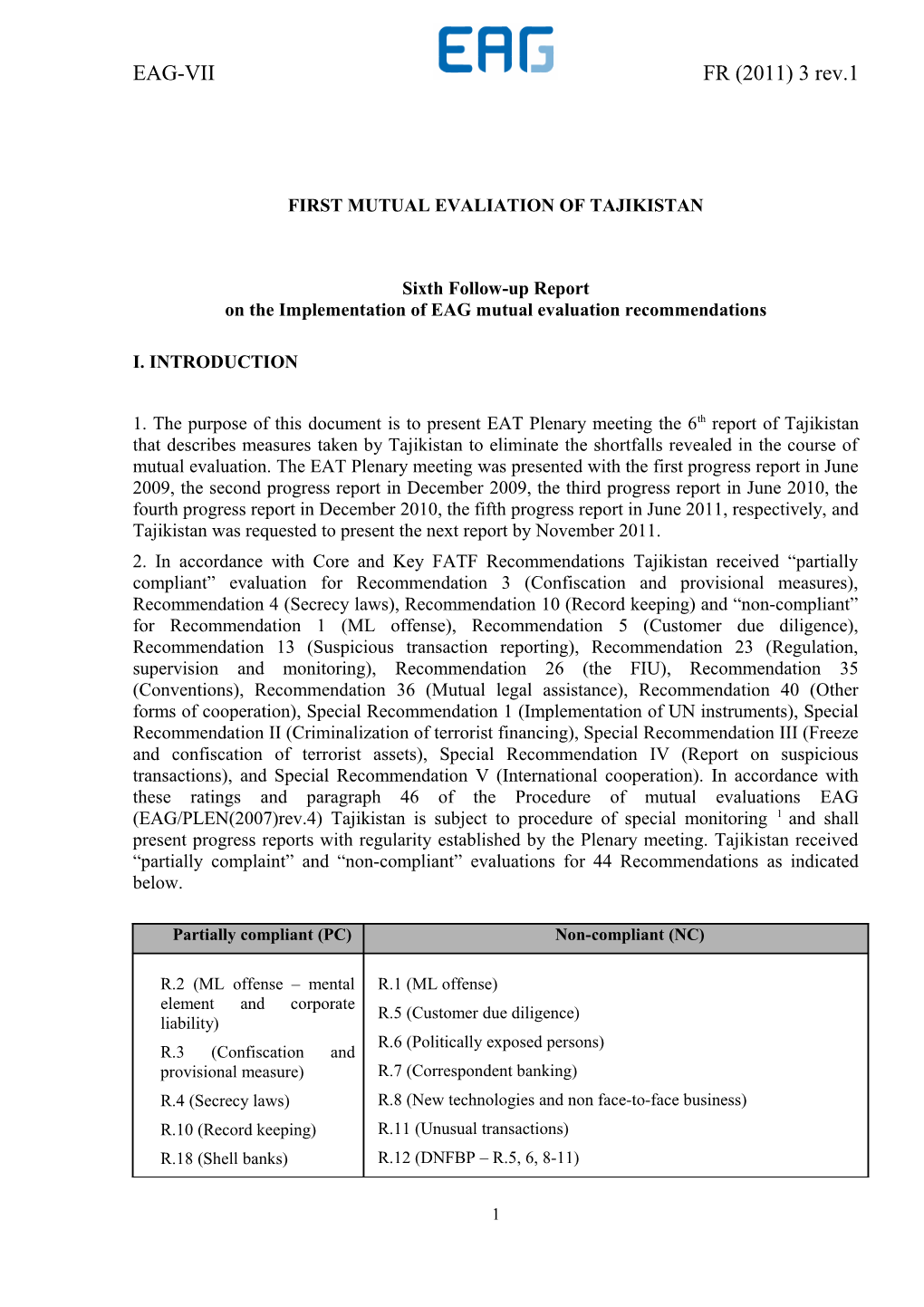 First Mutual Evaliation of Tajikistan