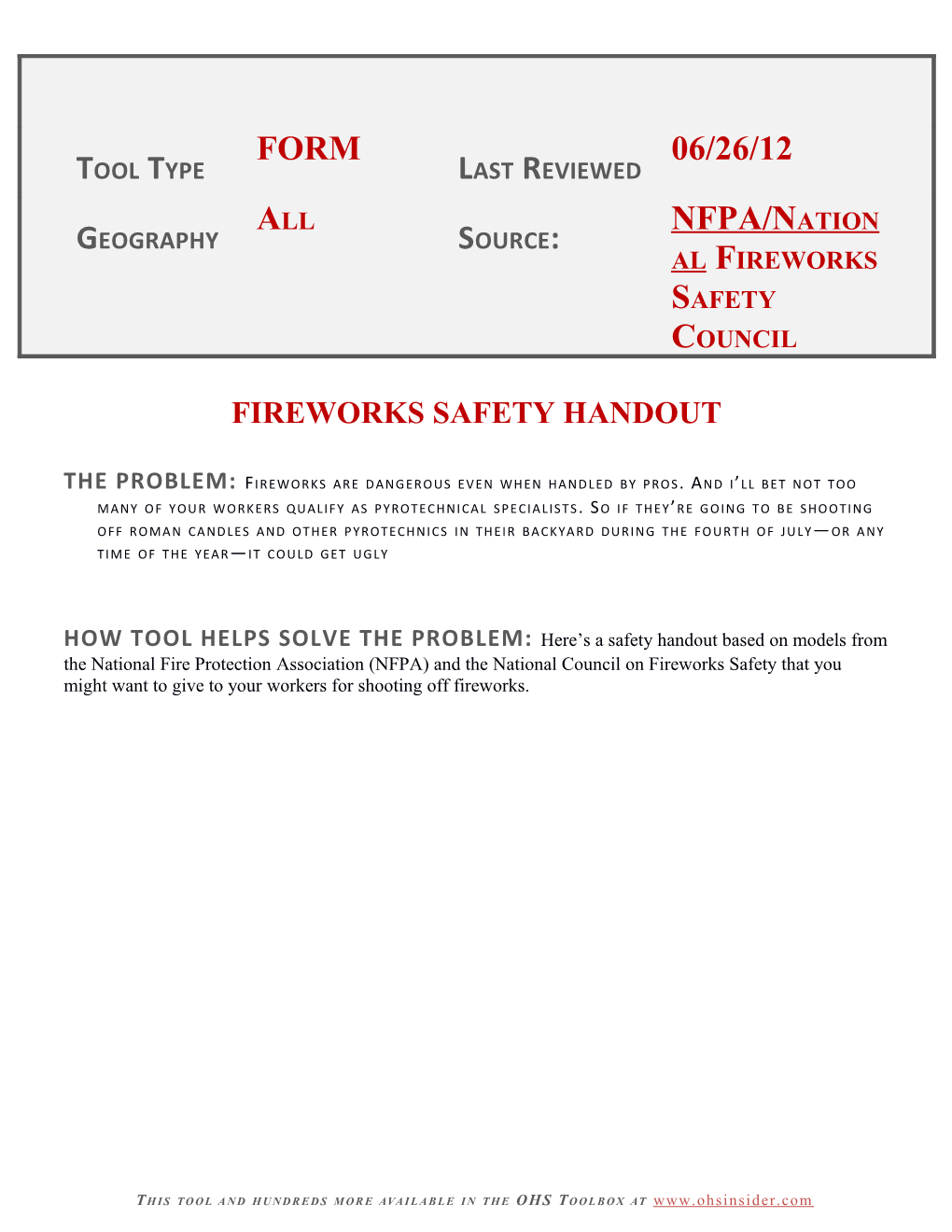 Fireworks Safety Handout