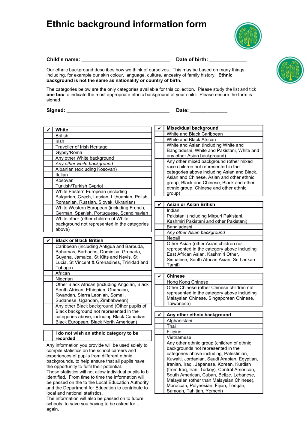 Ethnic Background Information Form