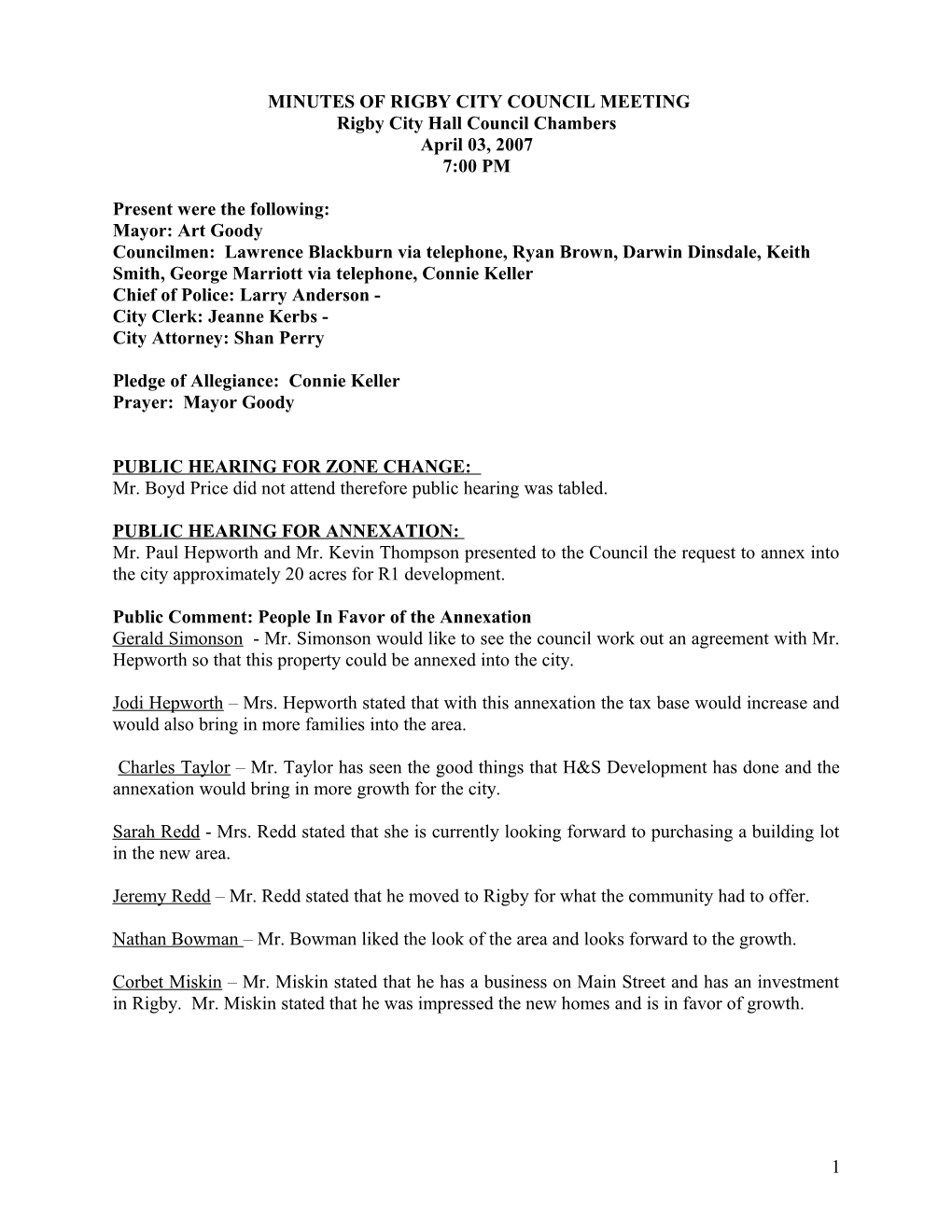 Minutes of Rigby City Council Meeting