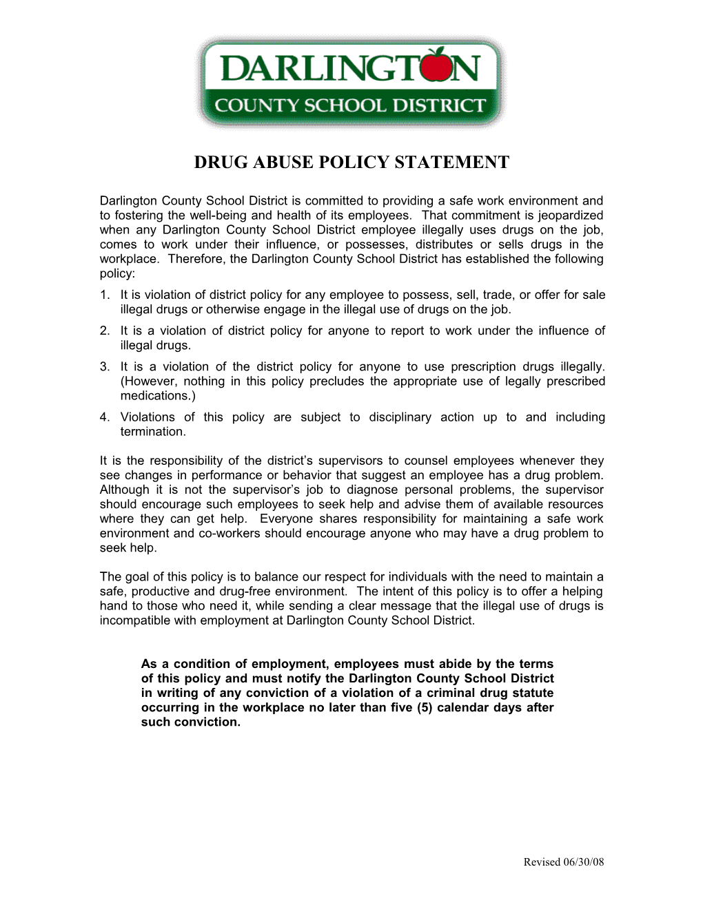 Drug Abuse Policy Statement