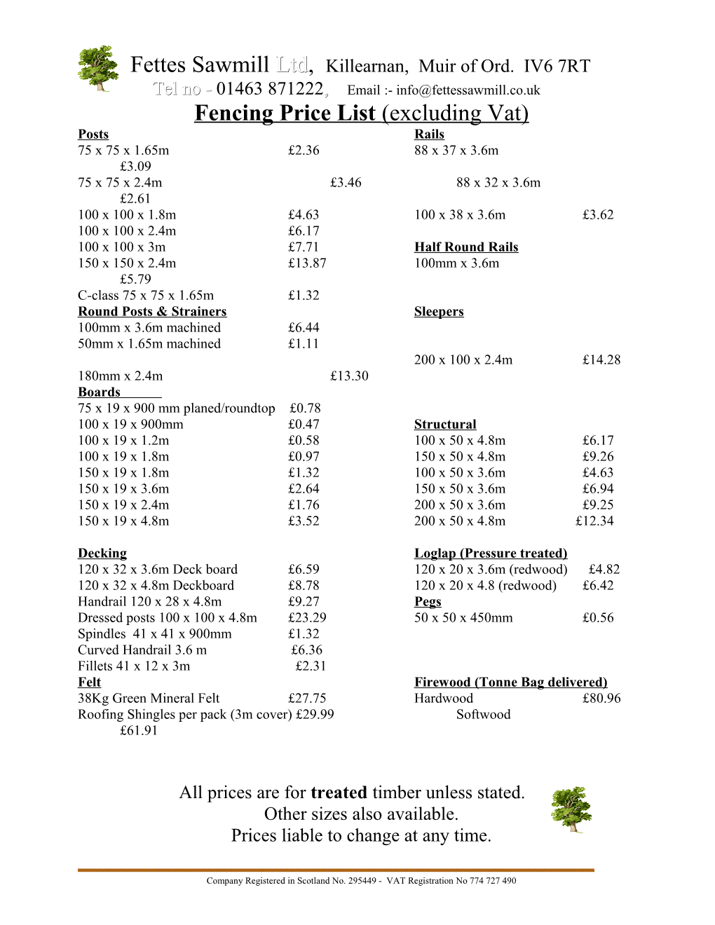 Fencing Price List (Excluding Vat)