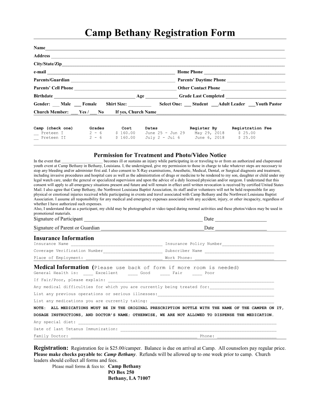 Camp Bethany Registration Form