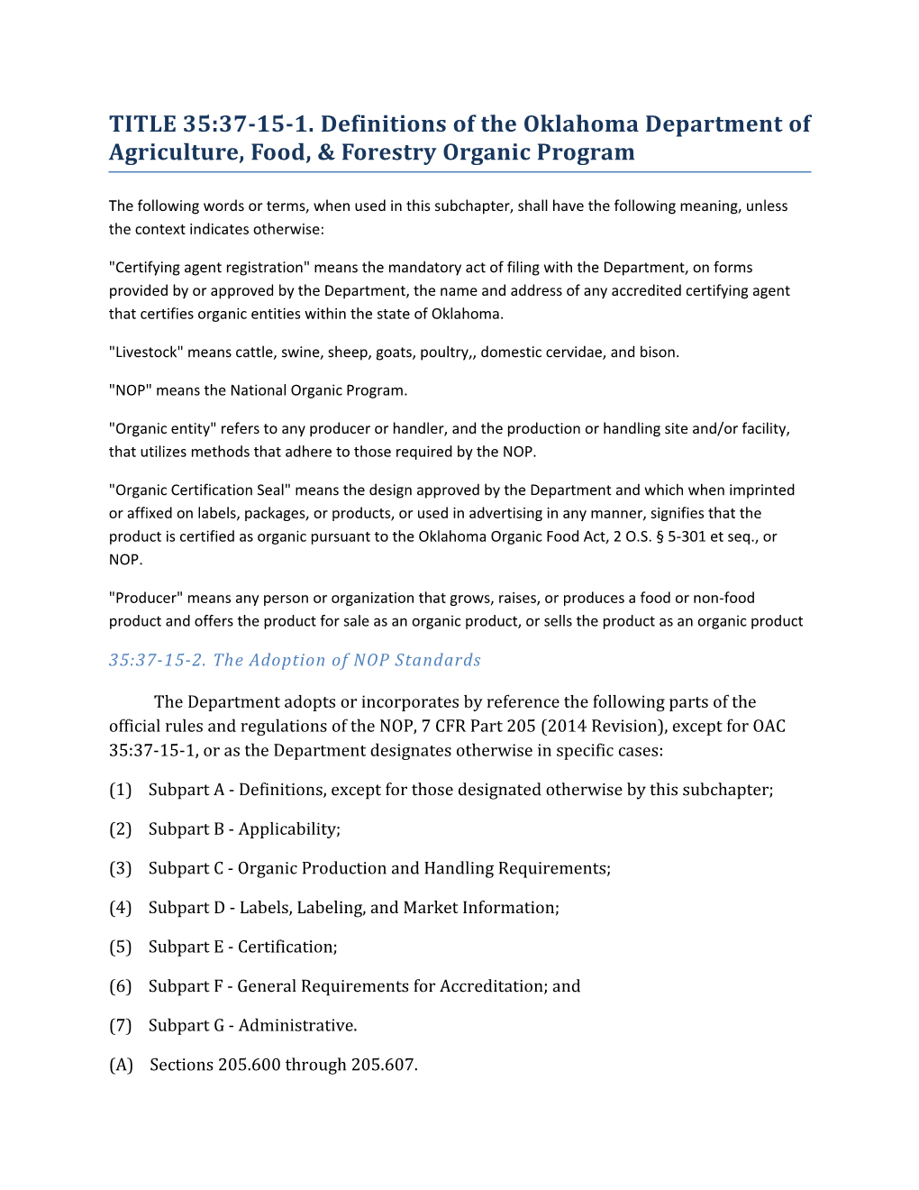 TITLE 35:37-15-1. Definitions of the Oklahoma Department of Agriculture, Food, & Forestry
