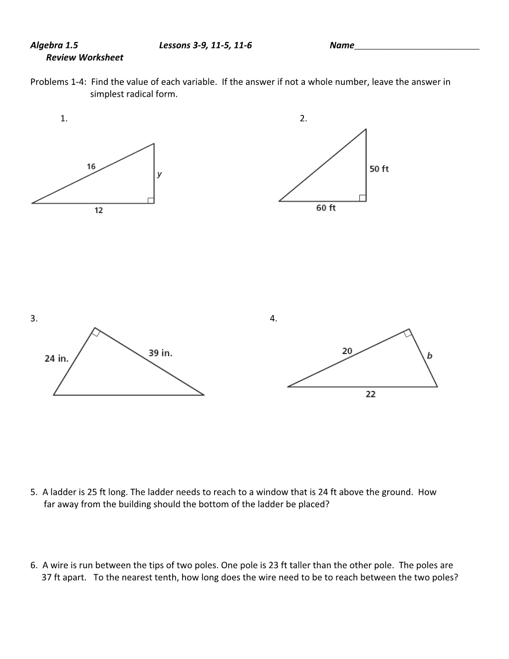 Algebra 1.5 Lessons 3-9, 11-5, 11-6 Name