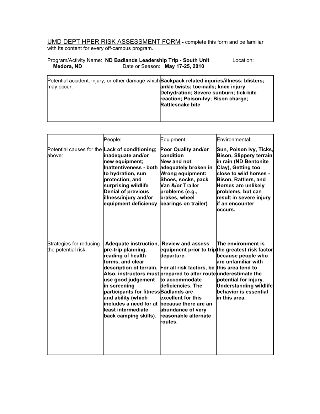 UMD OUTDOOR PROGRAM RISK ASSESSMENT FORM - Complete This Form and Be Familiar with Its