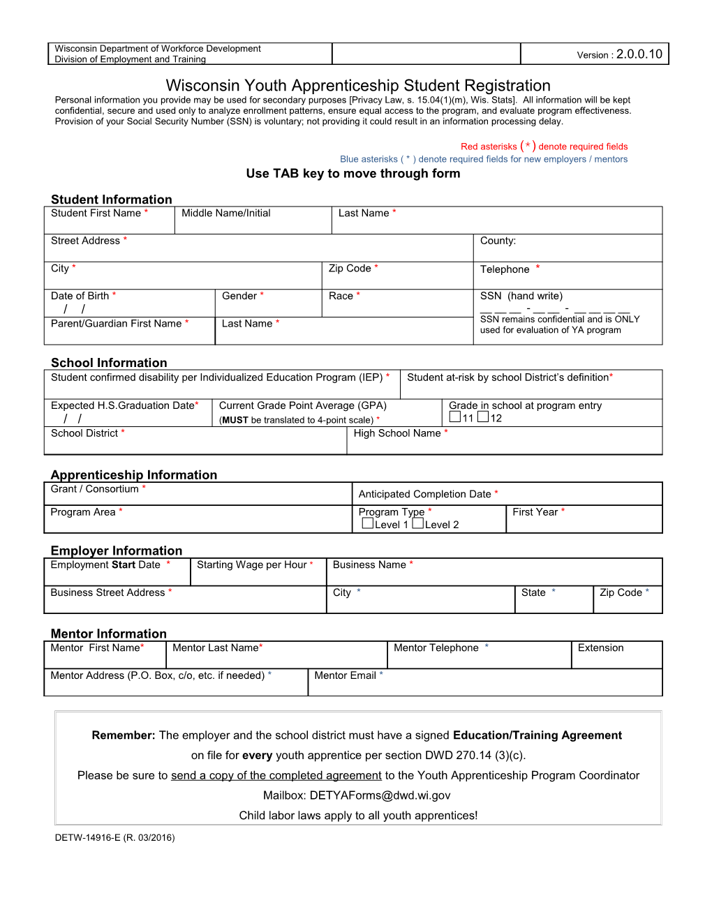 DETW-14916-E, Wisconsin Youth Apprenticeship Student Registration