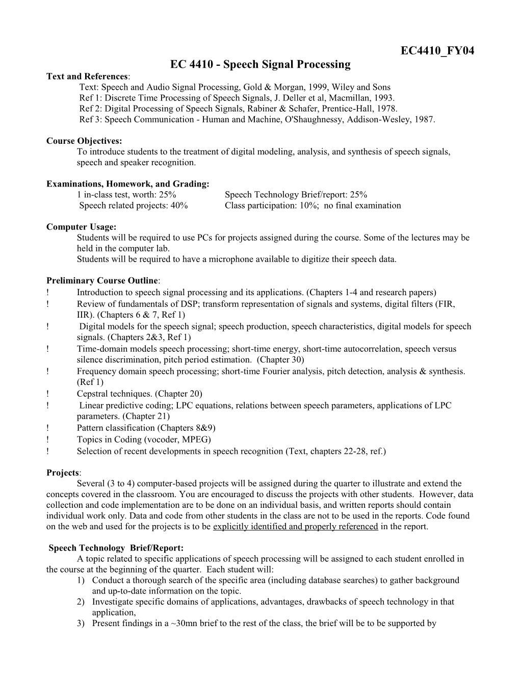 EC 4410 Speech Signal Processing