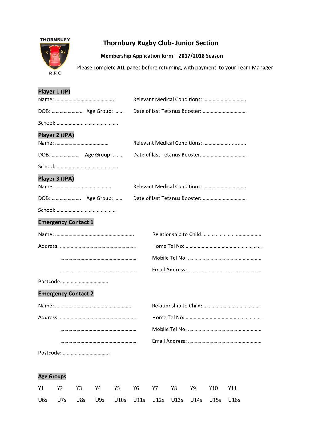 Membership Application Form 2017/2018 Season