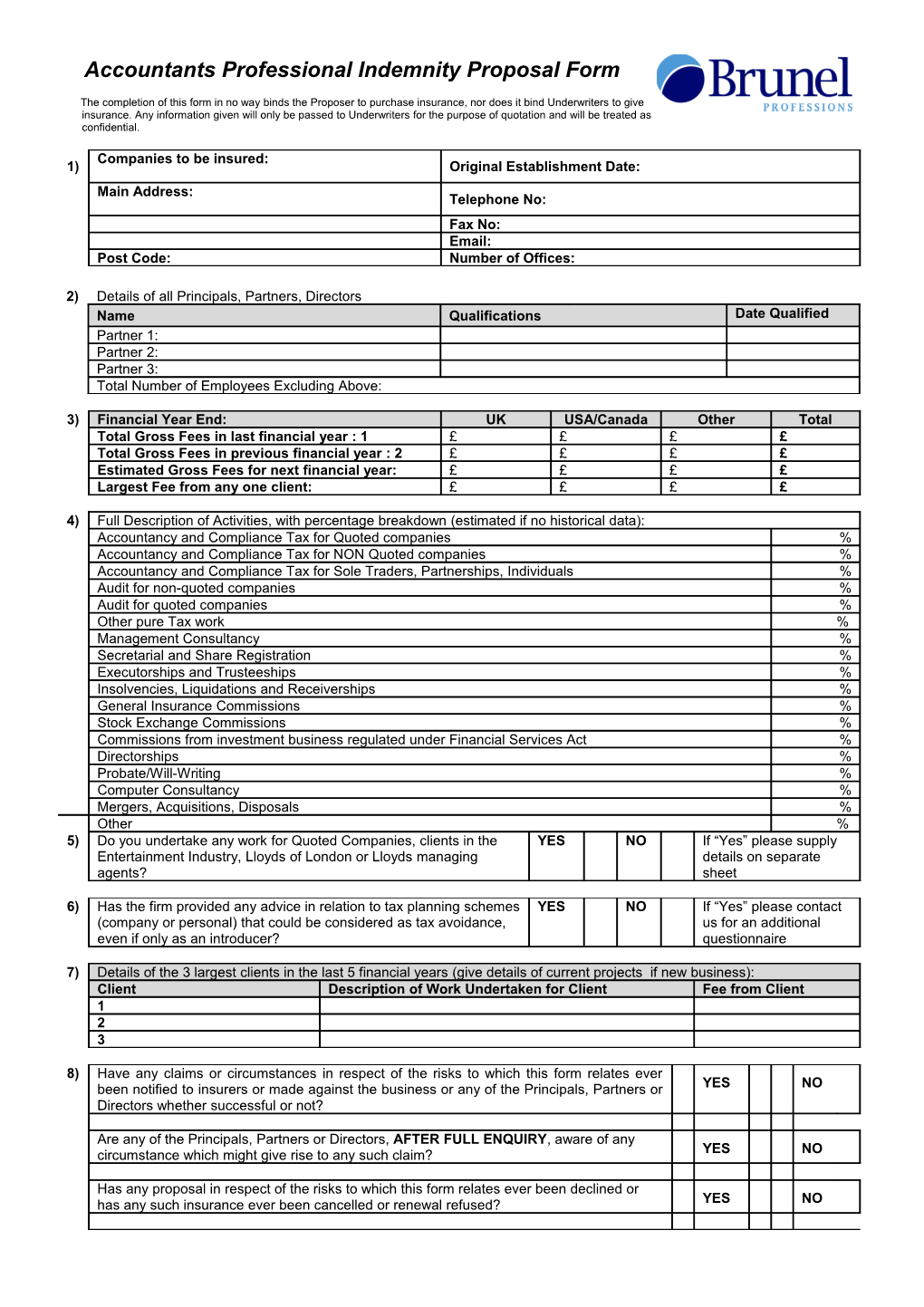 Accountants Professional Indemnity Proposal Form