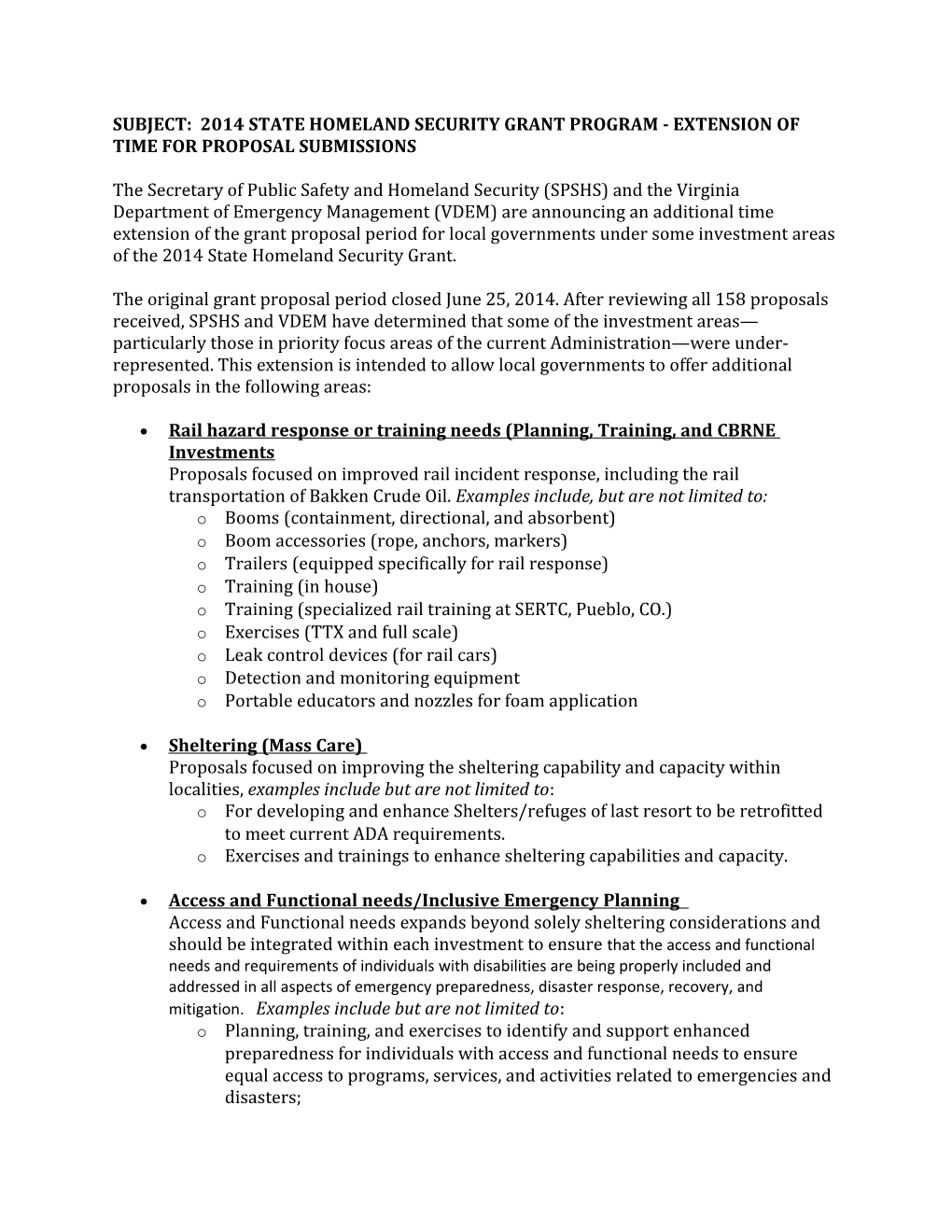 Subject: 2014 State Homeland Security Grant Program - Extension of Time for Proposal