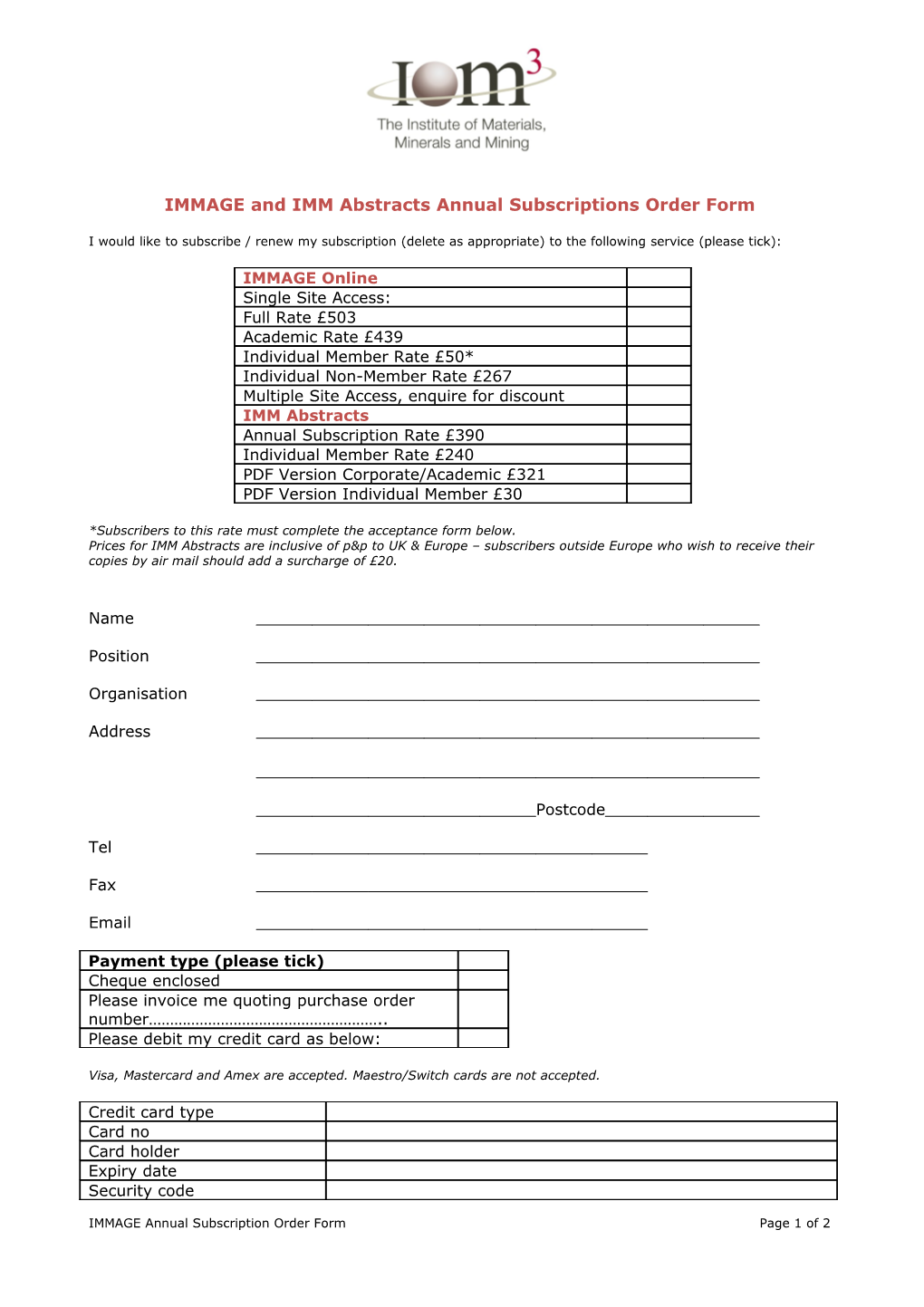 IMMAGE Annual Subscriptions Order Form