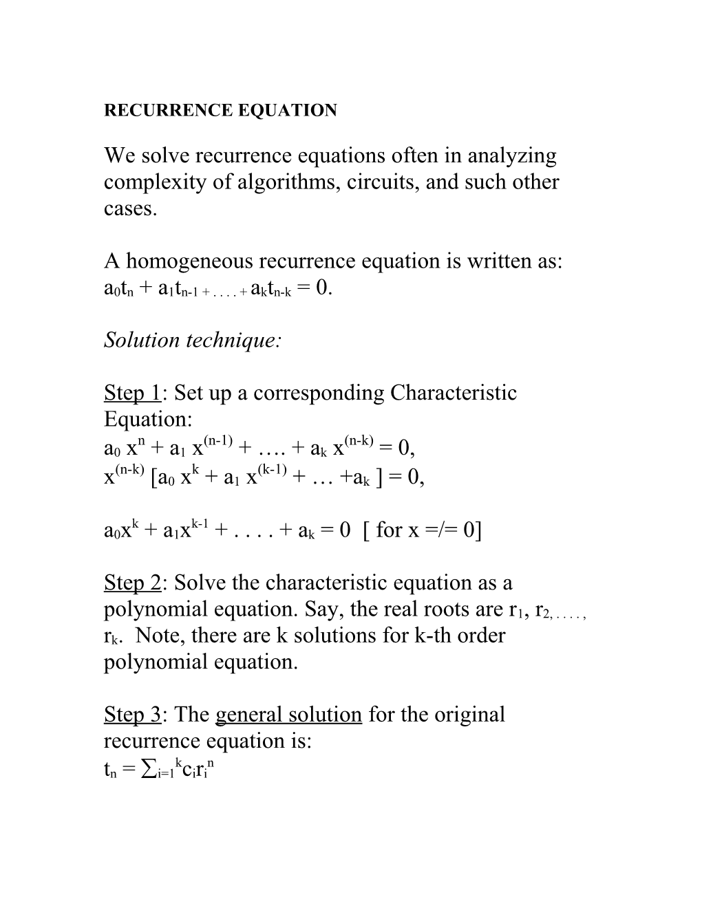 Recurrence Equation