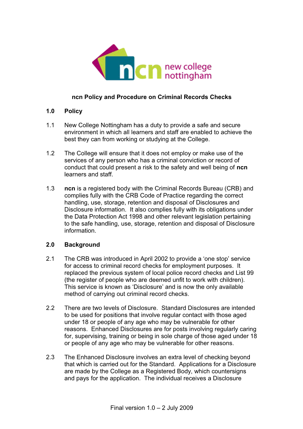 Ncn Policy and Procedure on Criminal Records Checks