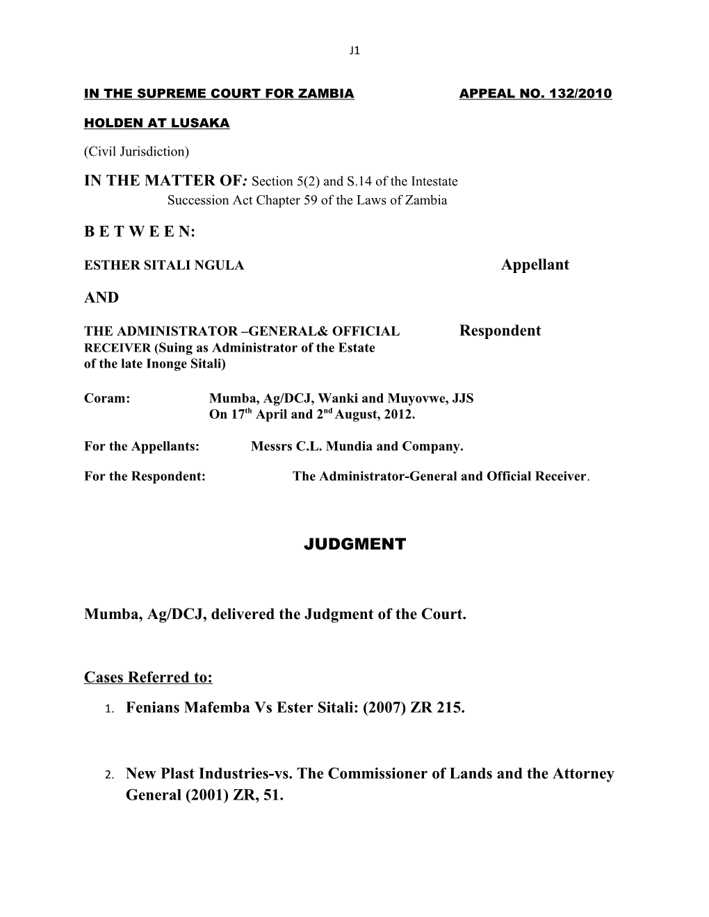 In the Supreme Court for Zambia Appeal No. 132/2010