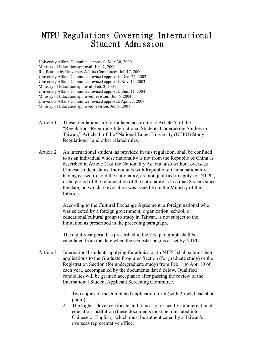 National Taipei University Foreign Student Application Procedure