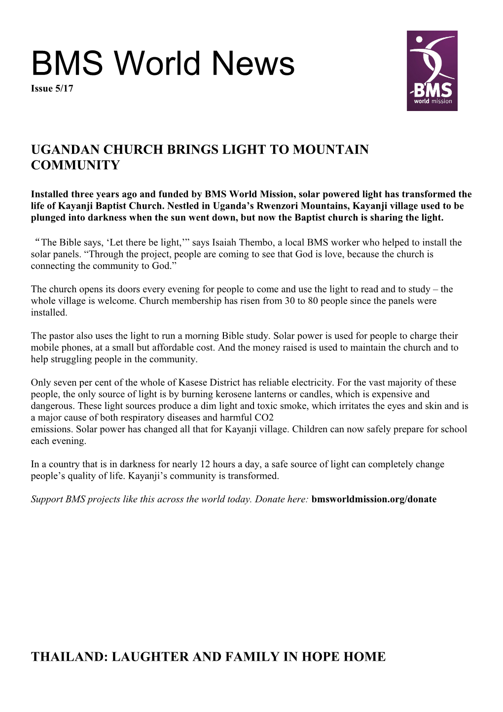 Ugandan Church Brings Light to Mountain