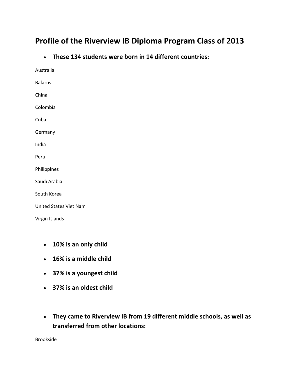 Profile of the Riverview IB Diploma Program Class of 2013