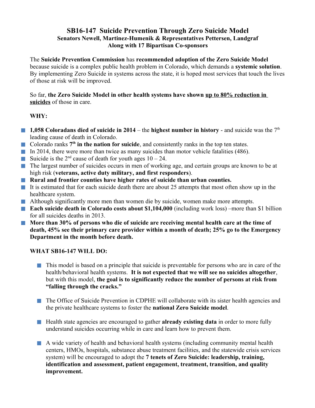 SB16-147 Suicide Prevention Through Zero Suicide Model