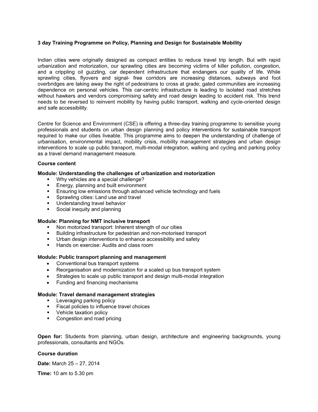 3 Day Training Programme on Policy, Planning and Design for Sustainable Mobility