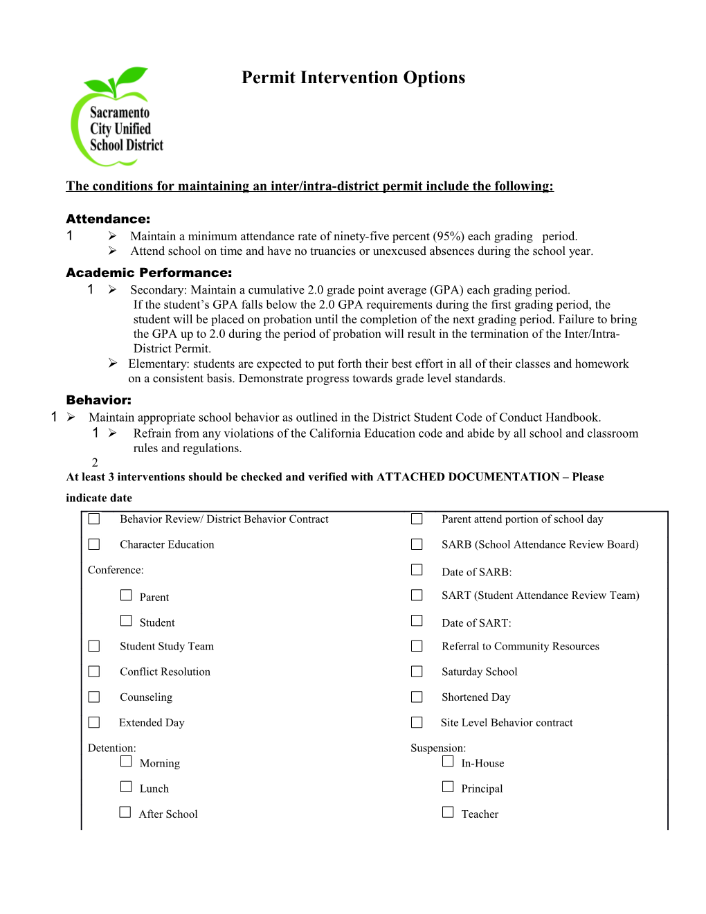 The Conditions for Maintaining an Inter/Intra-District Permit Include the Following