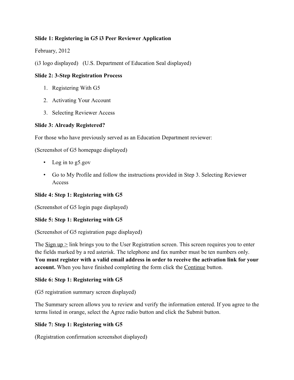 U.S. Department of Education G5 Reviewer Registration Steps Summary Document (MS Word)