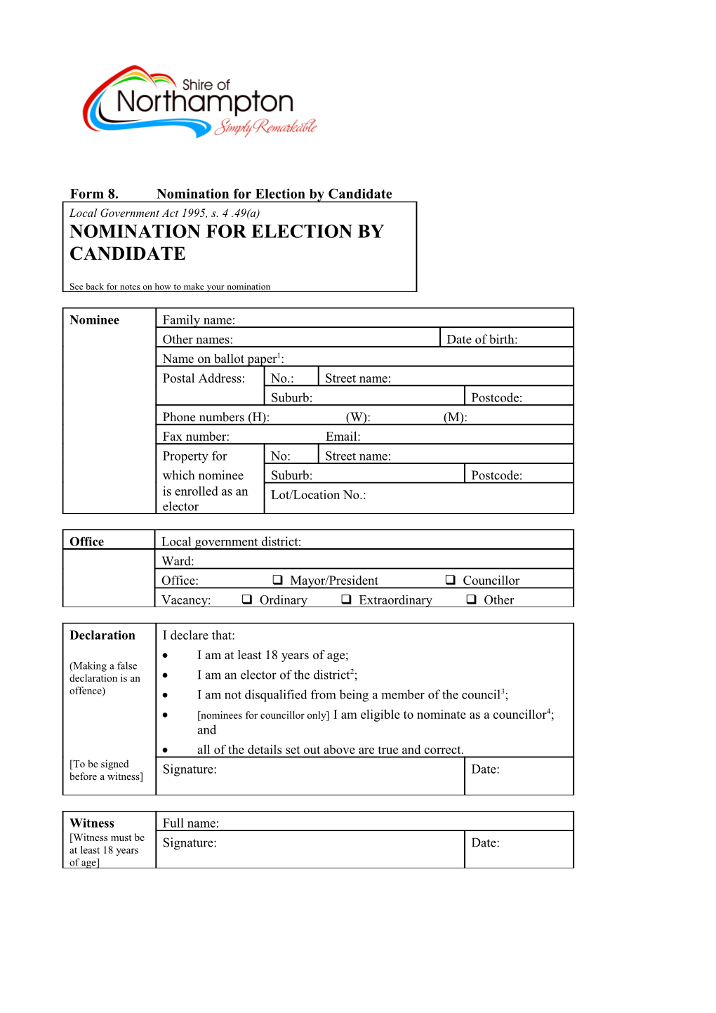 Form 8.Nomination for Election by Candidate