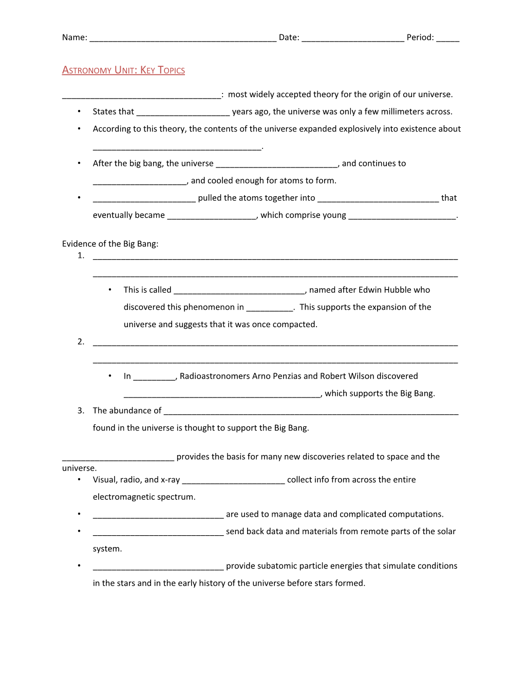 Astronomy Unit: Key Topics