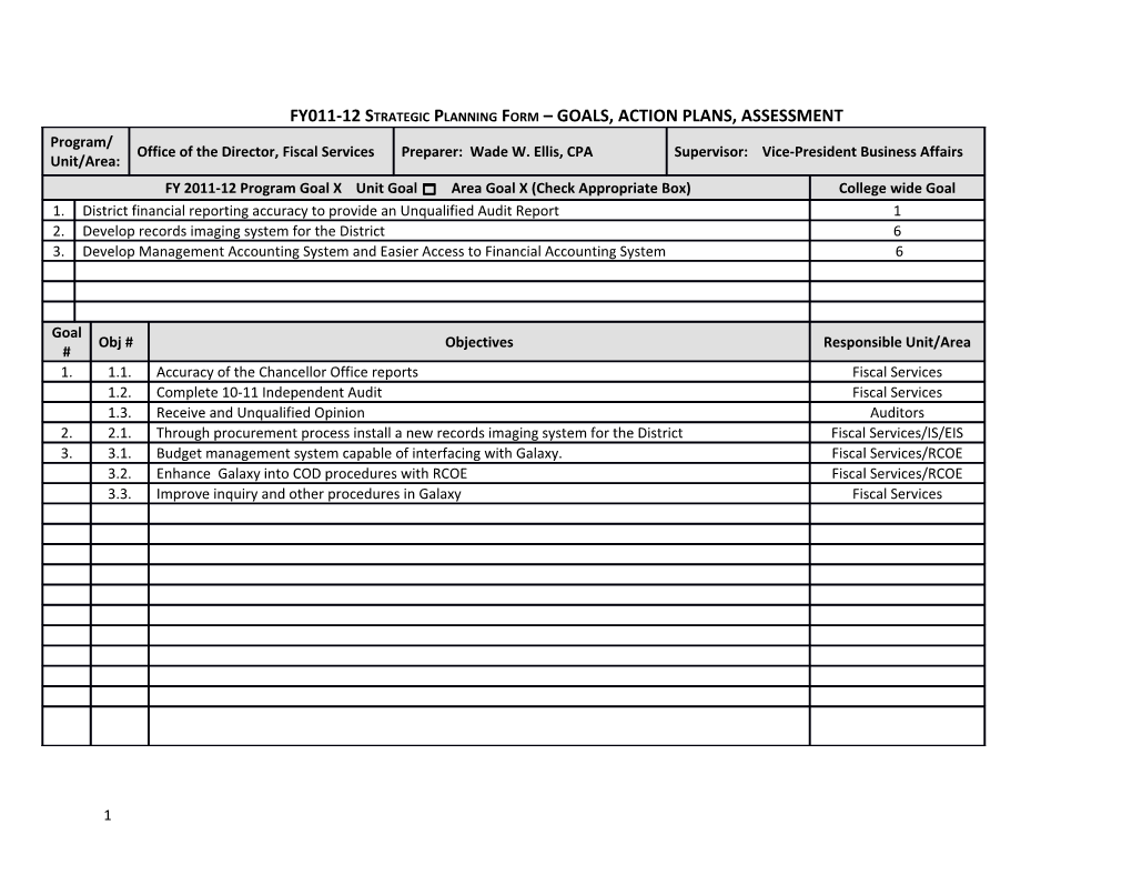 Fy09-10 Strategic Planning Form Goals, Action Plans, Assessment