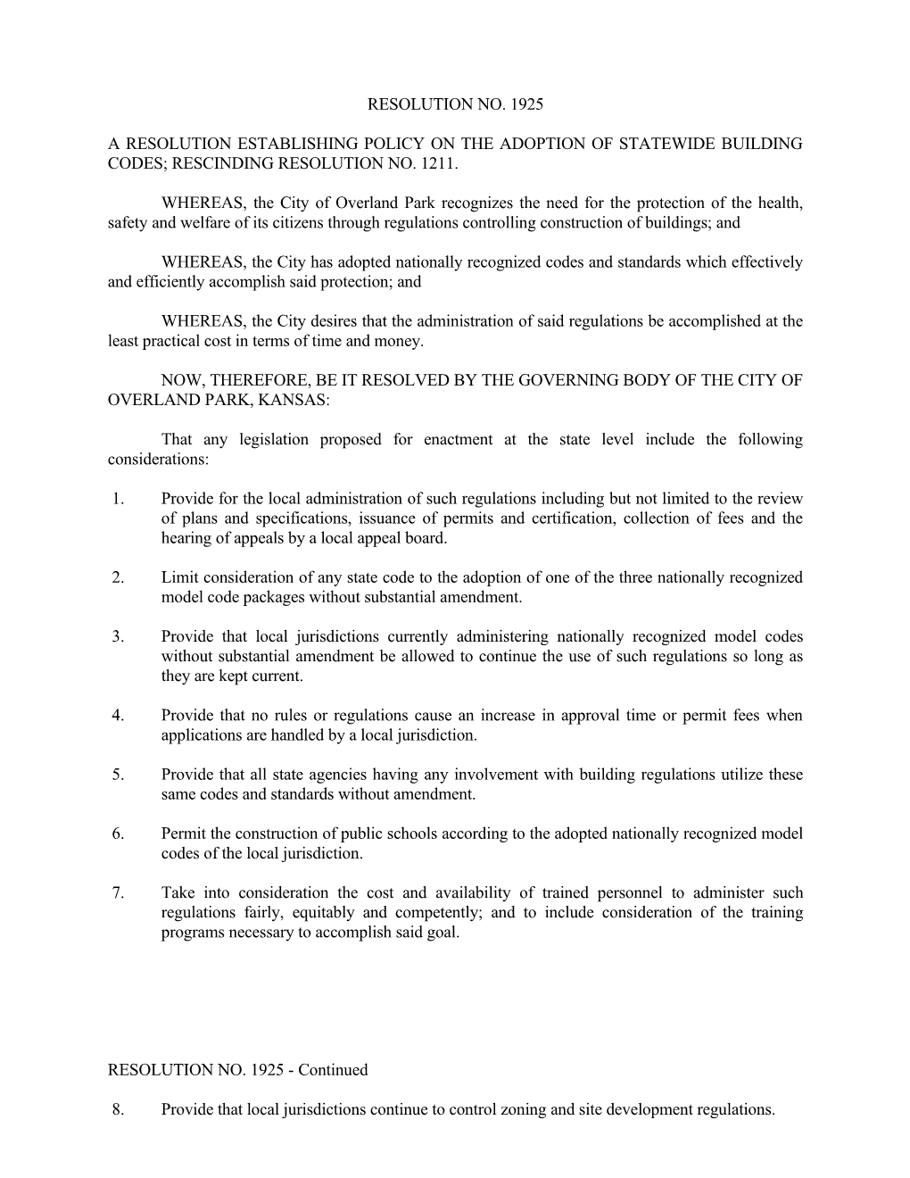 Building Codes Statewide - Resolution No. 1925 - September 9, 1985