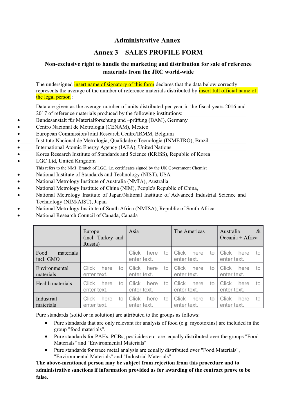 Annex 3 SALES PROFILE FORM