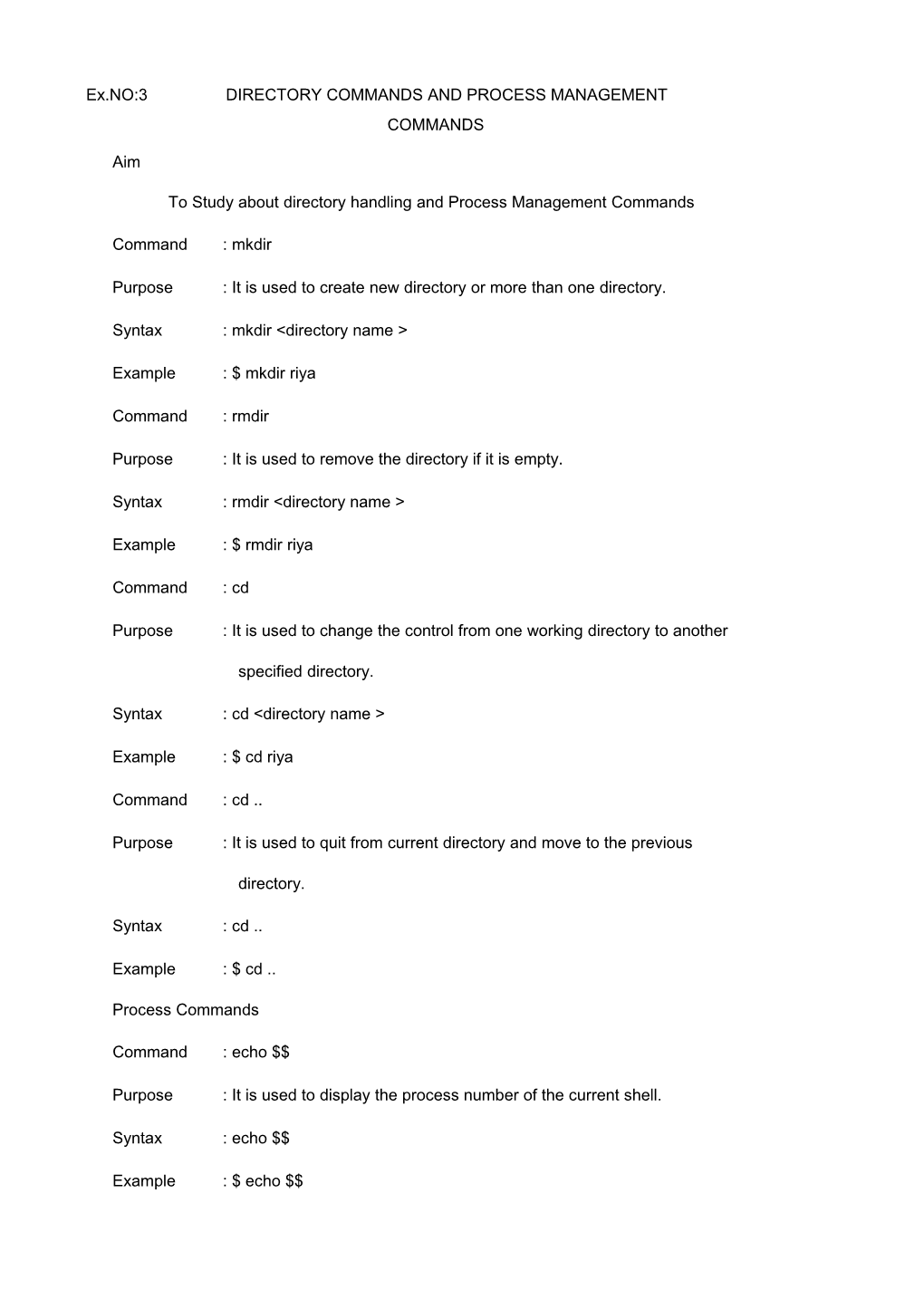 Ex.NO:3 DIRECTORY COMMANDS and PROCESS MANAGEMENT