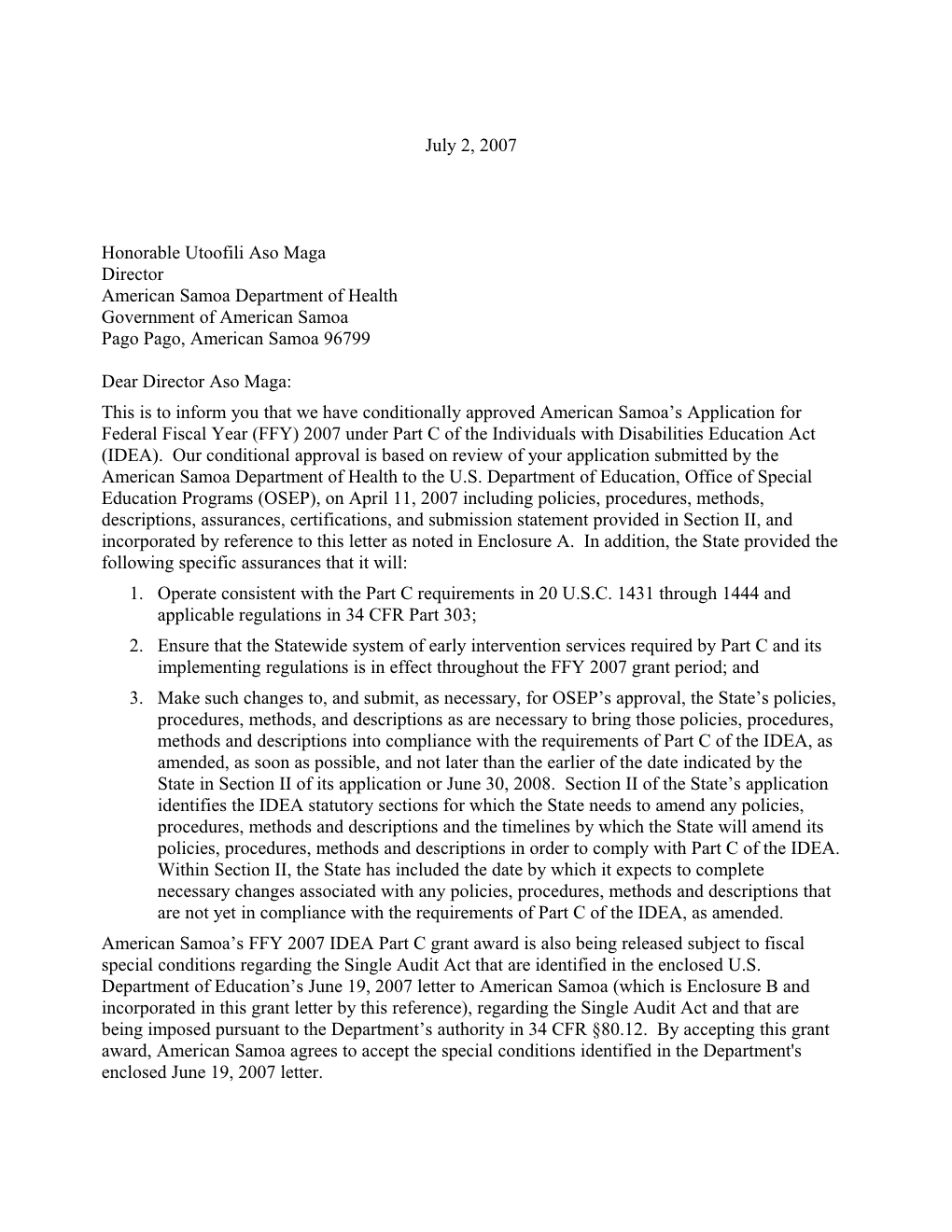 American Samoa IDEA 2007 Part C Grant Award Letter (MS WORD)