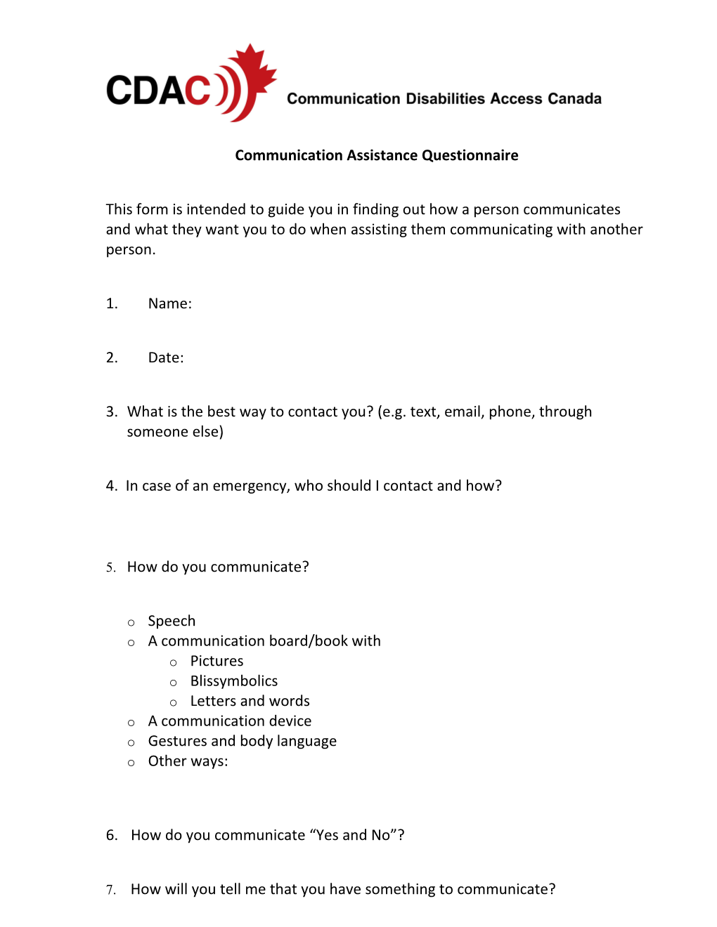 Communication Assistance Questionnaire