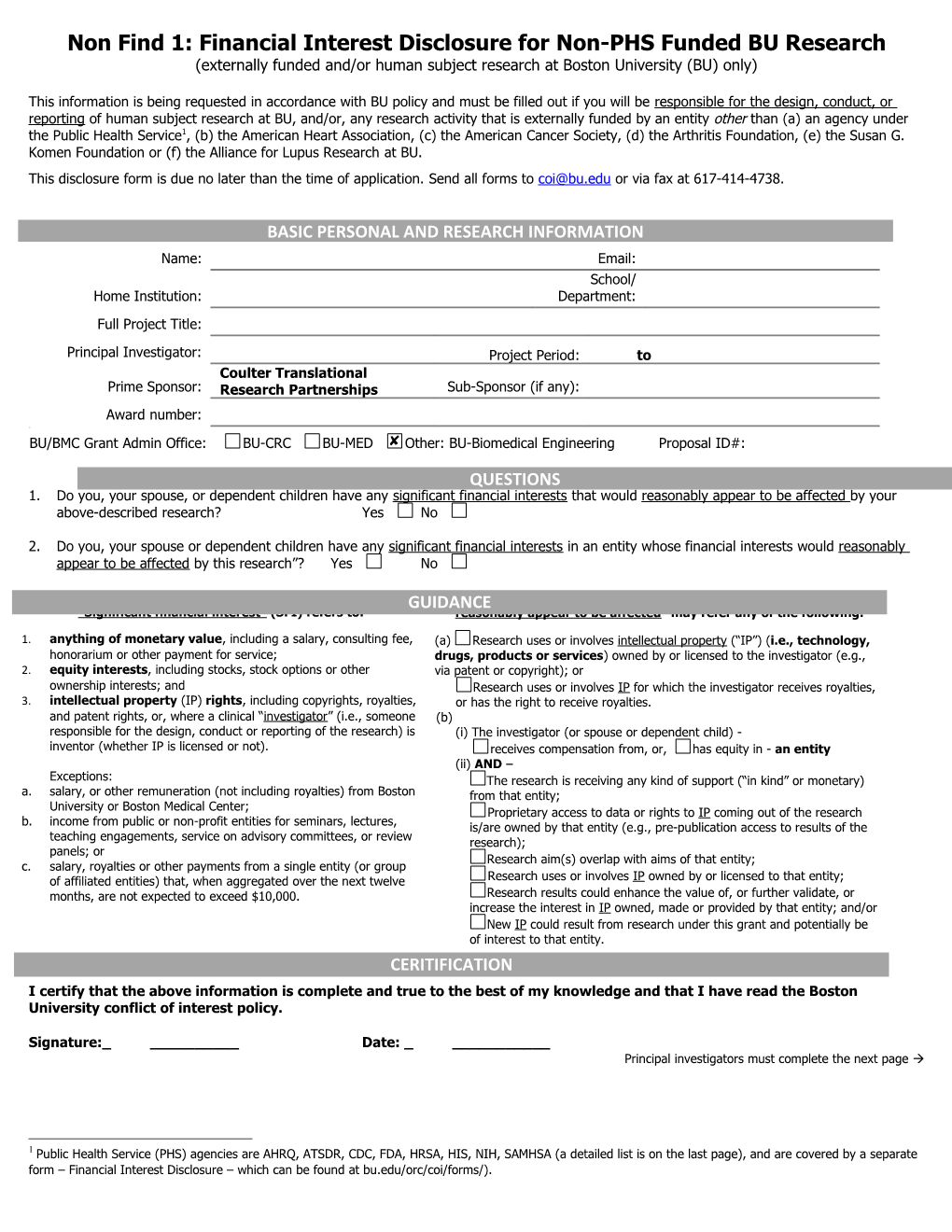 Non Find 1: Financial Interest Disclosure for Non-PHS Funded BU Research (Externally Funded