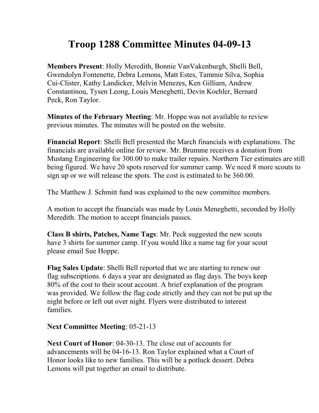 Troop 1288 Committee Minutes 04-09-13